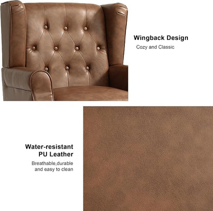 Accent Chair, Upholstered Armchair with Button Tufted High Back & Solid Wood Legs, Comfy Wingback Reading Single Sofa Chair for Small Spaces, Living Room, Bedroom-Leather Brown, Set of 1
