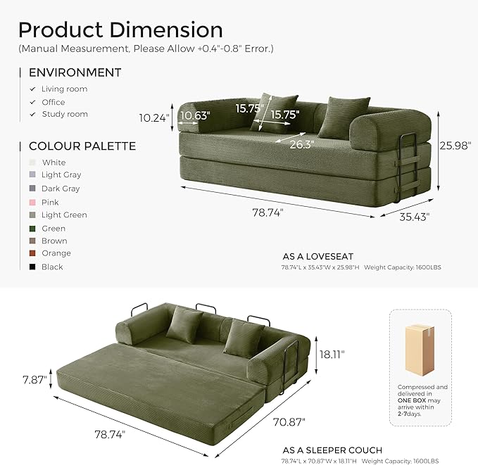 79" Convertible Sofa Bed with Fixed-Shape Frame & Removable Armrests, Modular Corduroy Sleeper Sofa, Folding Mattress Couch for Small Spaces - No Assembly Needed in Light Green (Includes 2 Pillows)
