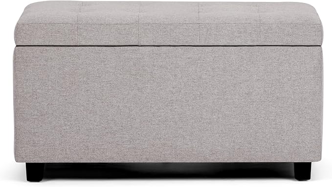 SIMPLIHOME Cosmopolitan 34 inch Wide Transitional Rectangle Storage Ottoman in Cloud Grey Linen Look Fabric, Assembled, For the Living Room, Entryway and Family Room