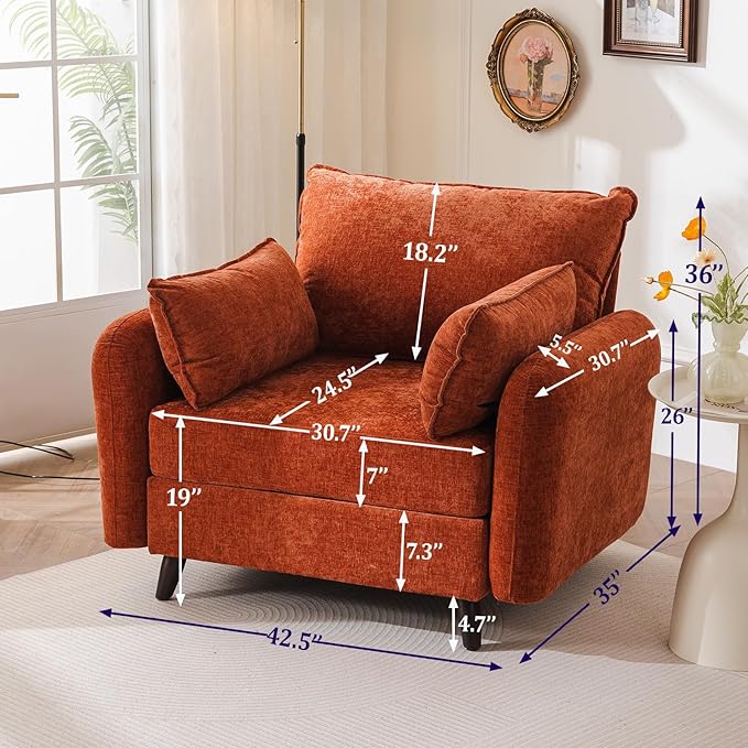Oversized Accent Chair with All Seats Storage,Comfy Living Room Chairs with 2 Throw Pillow,Upholstered Mid-Century Armchair,24.5'' Deep Seat,Reading Chair for Bedroom,Office,Chenille,Orange