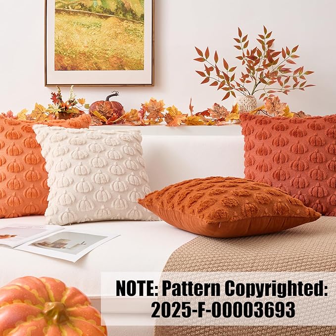 Kevin Textile Fall Pumpkins Pillow Covers 18x18 Inch Set of 2 Cute Autumn Decorative Square Pillowcases Soft Faux Fur Cushions Harvest Gift for Couch Sofa Chair Bedroom Home Decor, Rust
