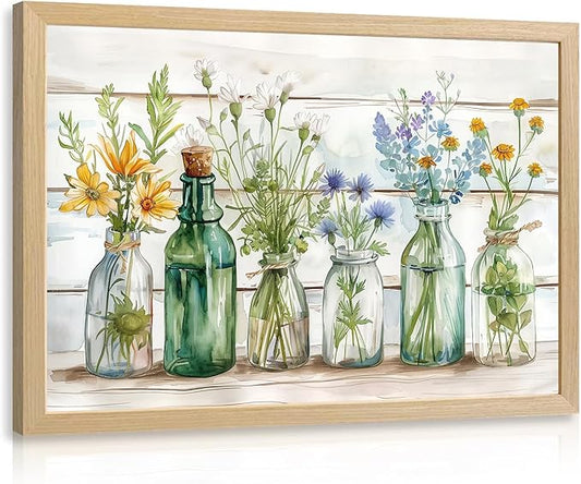 HLXRAE Wood Framed Green Bathroom Wall Art, Vintage Rustic Farmhouse Bathroom Wall Decor, Watercolor Floral Canvas Painting, Sage Green Plant Aesthetic Picture for Laundry Room Decor 12x16 inch