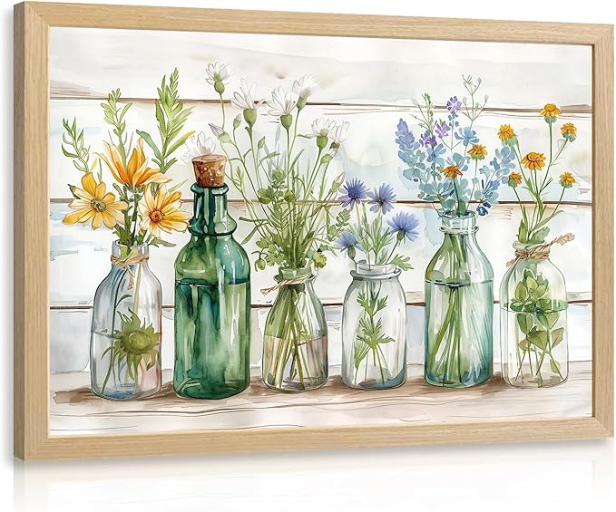 HLXRAE Wood Framed Green Bathroom Wall Art, Vintage Rustic Farmhouse Bathroom Wall Decor, Watercolor Floral Canvas Painting, Sage Green Plant Aesthetic Picture for Laundry Room Decor 16x24 inch