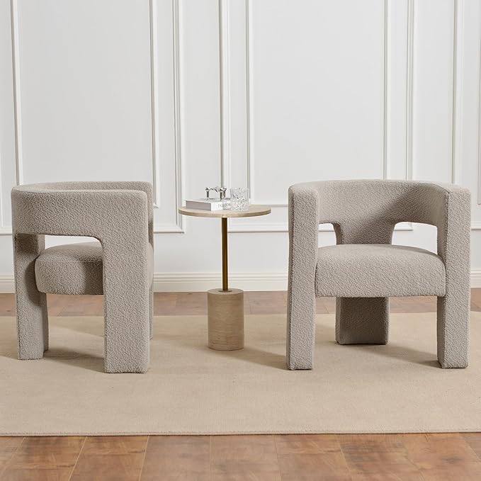KINWELL 28" W Boucle Accent Chair Armchairs Set of 2, Upholstered Square Open-Back Barrel Chair, No Assembly Side Chair ArmChairs for Living Room Bedroom Lounge (Oatmeal)