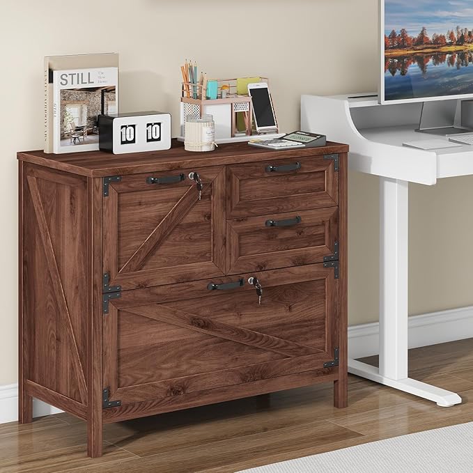 Lateral File Cabinet with 4 Drawers, Farmhouse File Cabinet for Letter/Legal/A4 Size Hanging Files, Large Wood File Storage Cabinets Printer Stand for Home Office Cabinets, Brown with Lock