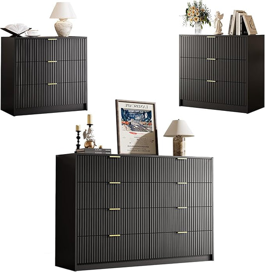 3-Piece Dresser Bedroom Set, 8 Drawer Dresser & 3 Drawer Nightstands with Gold Handles, Fluted Wood Chest of Drawers for Bedroom, Living Room, Entryway, Black