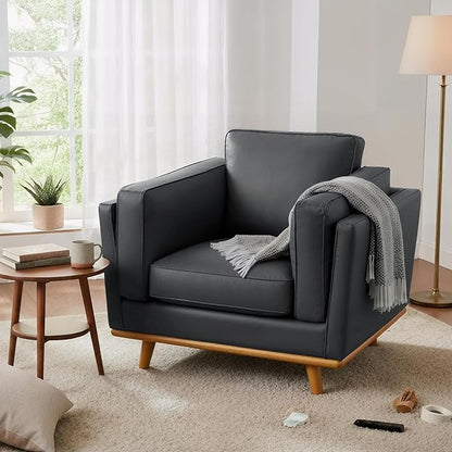 MCombo Napa Leather Accent Chair, 41.9'' Wide Leather Chair for Living Room, Office, Solid Wood Accent, VE792 (Black)