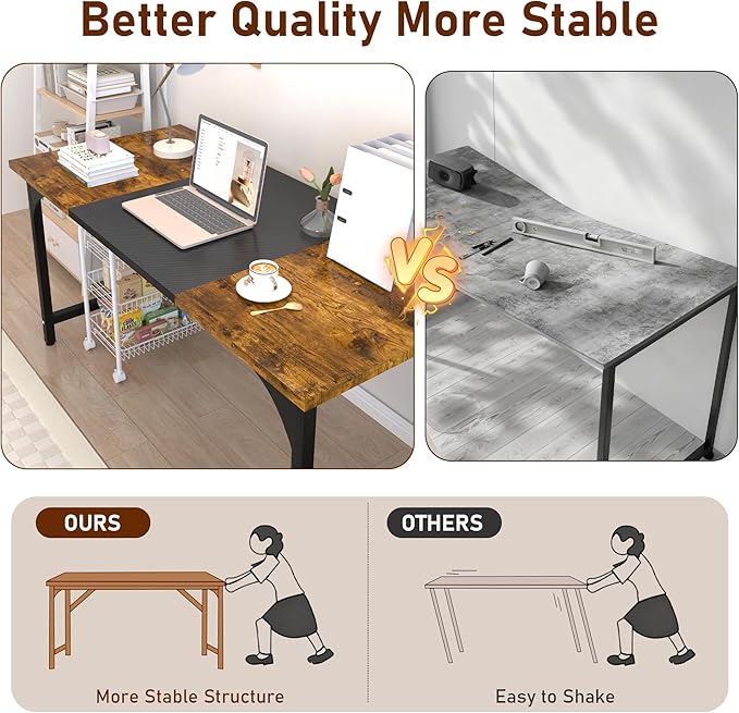 StarGraph Modern Computer Desk 55 Inch Large Office Desk with Carbon Fiber Desktop Home Office Desks with Sturdy Metal Frame Gaming Study Writing Work from Home Desks, Rustic Brown