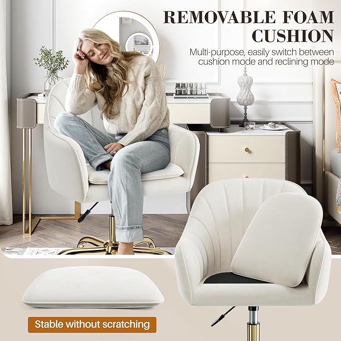 Comfy Home Office Desk Chairs Vanity Chair with Wheels Adjustable Modern Velvet Makeup Vanity Chairs for Bedroom Living Room（White）