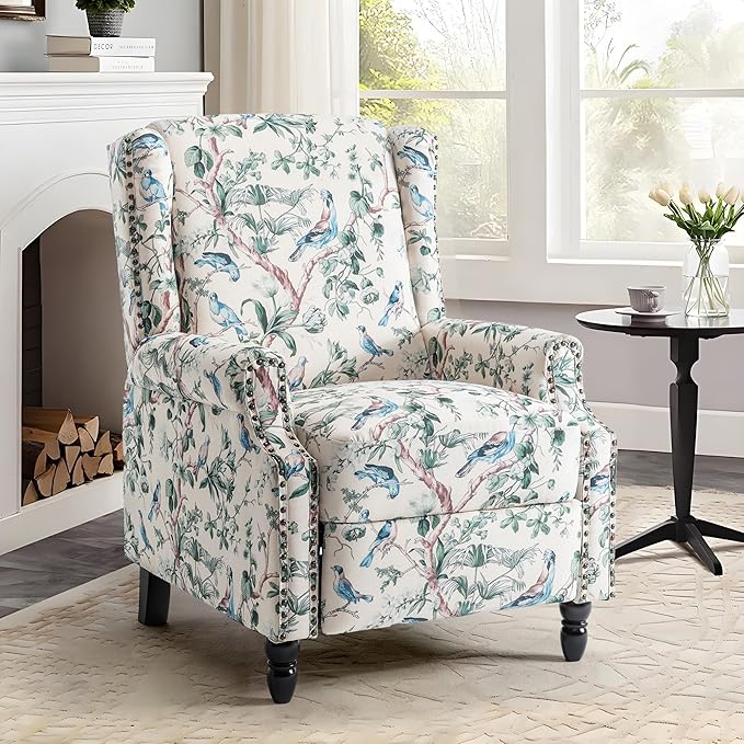 UIXE Pushback Floral Recliner Chairs Set of 2, Fabric Upholstered Armchair Push Back Accent Chair for Living Room, Rivet Trim Club Chair Home Theater Single Sofa Bedroom Side Reading Seat - Bird