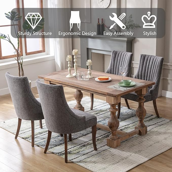 mikibama Linen Dining Chairs Set of 4 Channel Tufted Kitchen Dinner Chair Comfy Fabric Upholstered Accent Chair for Dining Room with Solid Wood Legs (Grey 4pc)