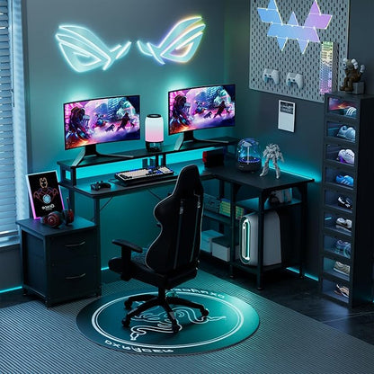 YOUNGAR L Shape Gaming Desk with File Drawers&Power Outlet, 69.3 Inch Reversible 2 Person Desk,Corner L Shape or Long Desk Set up,Monitor Stand &Storage Shelves, LED Lights &CPU Stand,Black