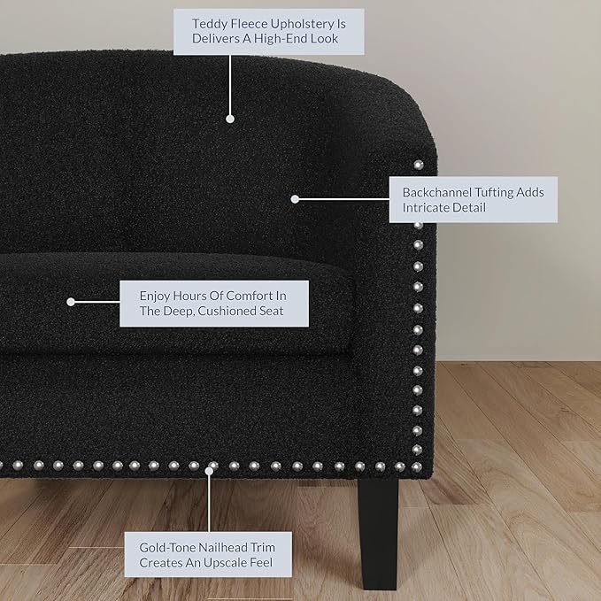 BELLEZE Barrel Chairs Set of 2, Modern Accent Tub Club Chairs Armchairs for Living Room, Upholstered Accent Chairs with Silver Nail Head Trim Black Legs - Kyara (Black/Polyester)