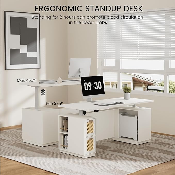 71" Executive Desk with Storage & Privacy Panel, Electric Adjustable Height Standing Desk for Home Office, 1.18" Desktop, Built-in Charging Station,White Rattan