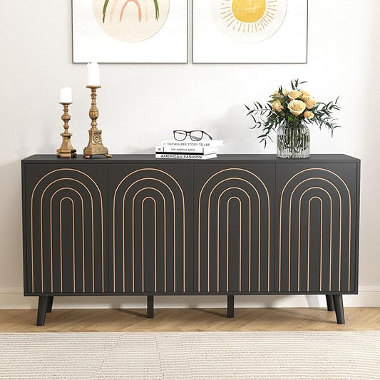 59" Buffet Cabinet with Storage, Modern Accent Sideboard Storage Cabinet with 4 Doors & Carving Lines, Wooden Coffee Bar Table Console for Living Room Kitchen Office and Hallway (Black)