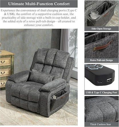 Power Lift Recliner Chairs for Elderly - Infinite Position Lay Flat Recliner with Heat & Massage Side Storage Cup Holder - USB Type C Charging - Dual Motor Lift Chair 400 lbs