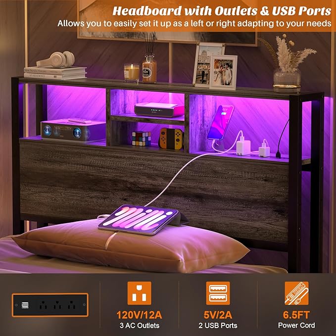 Aheaplus Headboard for Twin Size Bed with Storage, Headboards with Outlets, USB Ports and LED Light, Twin Size Head Board Only, Height Adjustable, Reversible, Sturdy and Stable Headboard, Black Oak