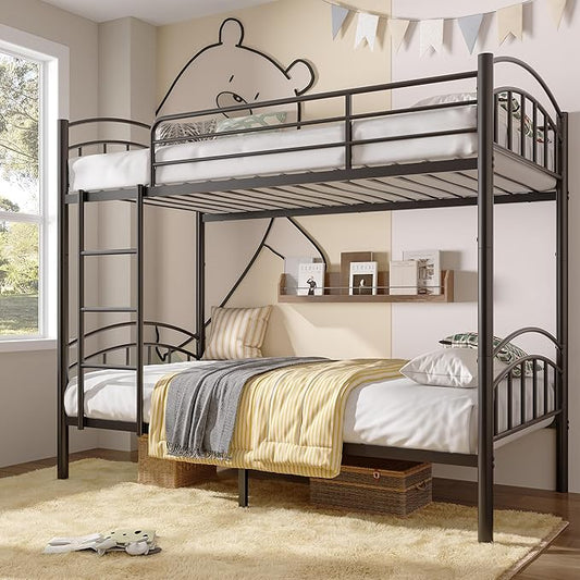 Alohappy Bunk Beds Frame Twin Over Twin, Convertible Into 2 Individual Metal, Removable Ladder & Safety Guard Rail (Black)