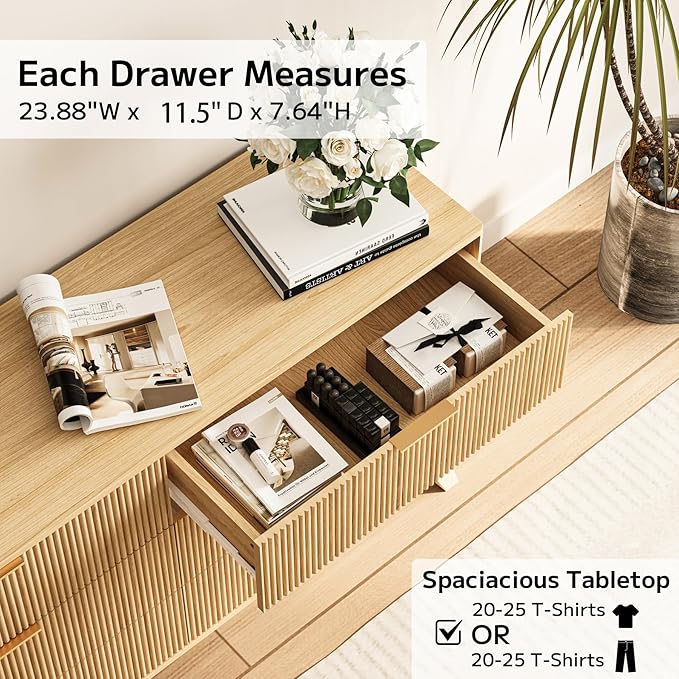 Fluted Dresser with 6 Drawers, 53.43 Inch Wood Double Dresser with Metal Handles Curved Design Wide Storage Organizer Cabinet Modern Chest Dressers for Bedroom Living Room Entryway(Oak)