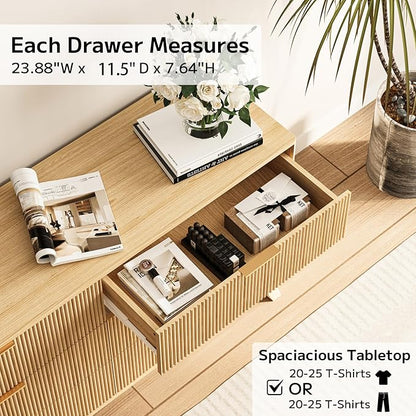Fluted Dresser with 6 Drawers, 53.43 Inch Wood Double Dresser with Metal Handles Curved Design Wide Storage Organizer Cabinet Modern Chest Dressers for Bedroom Living Room Entryway(Oak)