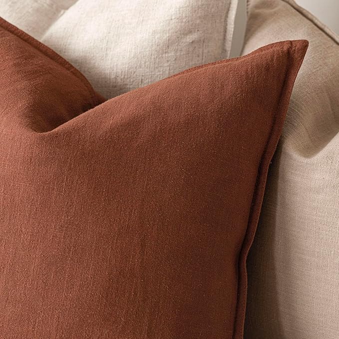 Foindtower Pack of 2, Decorative Linen Soild Throw Pillow Covers Soft Accent Cushion Case Farmhouse Neutral Pillowcase for Chair Couch Sofa Bedroom Living Room Home Decor 26 x 26 Inch Fall Rust Orange