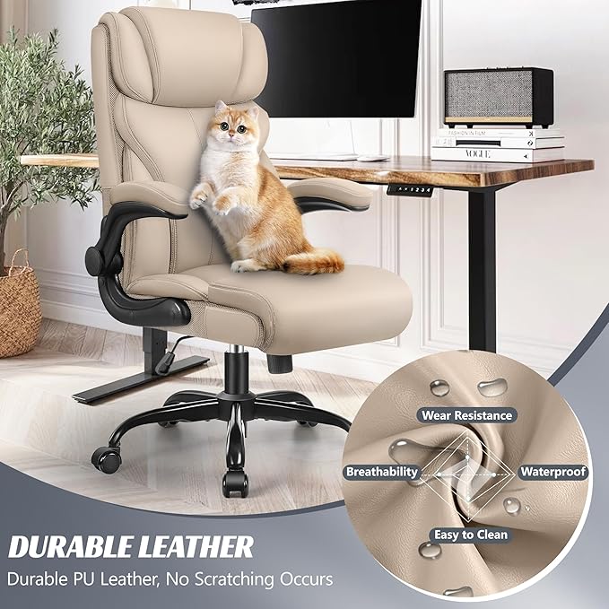 Office Chair, Ergonomic Big and Tall Computer Desk Chairs, Executive Breathable Leather Chair with Adjustable High Back Flip-up Armrests, Lumbar Support Swivel PC Chairs with Rocking Function