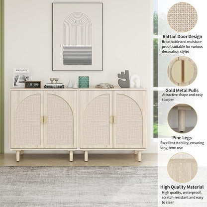 Beige Rattan Cabinet-2-Doors,Sideboard Buffet Cabinet with Storage-Accent Storage Cabinet with Cane Door, Boho Wood Credenza for Dining Room, Kitchen,Study Room (Beige Set 2)