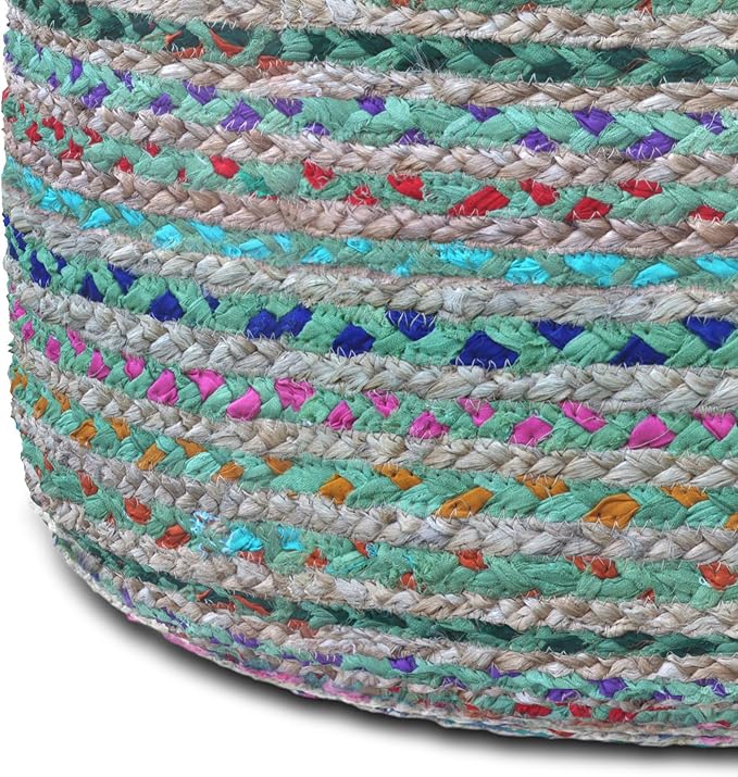SIMPLIHOME Margo Boho Round Pouf in Green Braided Jute for the Living Room, Bedroom and Kids Room