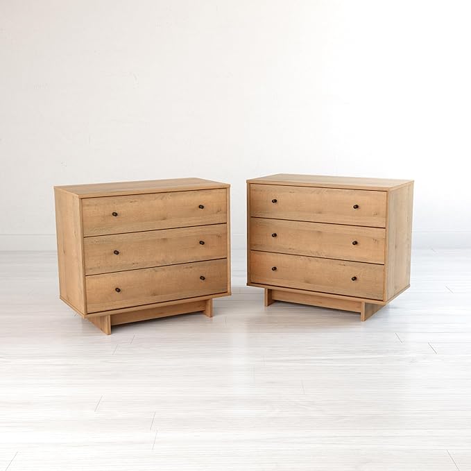 Prepac Finnley 3-Drawer Nightstand in Natural Oak, Extra-Wide Bedside Tables with Storage, Set of 2, Modern End Tables for Home & Bedroom, 16" D x 31" W x 26.75" H