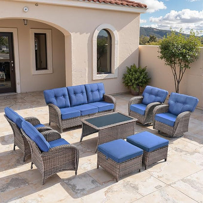 4-piece rotating balcony chair set with 31-inch T-shaped wide backrest - rattan outdoor rotating balcony chairs, wide backrest comfortable outdoor sliding chair - Brown Rattan | Blue Cushions