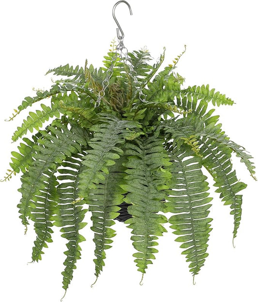 Artificial Fern Hanging Basket Plant 25" Boston Ferns 31 Leaves Greenery Plants with Rattan Pot for Outdoors & Indoor Fake Fern Bush Plant in Pot for Patio Entrance Porch Garden Decor Dusty Green