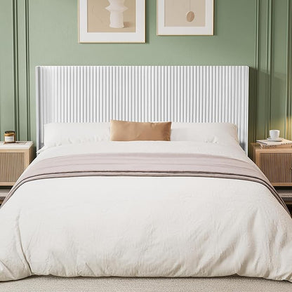 Wood Headboard Queen Size, 64.6" Wide Wooden Queen Headboard Only, Wingback Boho Headboards, Modern Farmhouse Headboards, Wall Mounted Fluted Panel, Snow White