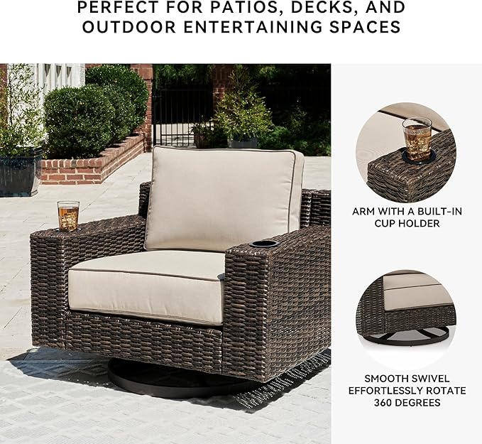 Signature Design by Ashley Coastline Bay Casual Outdoor Swivel Lounge with Cushion and 2 Cup Holders, Nuvella Weather Resistant Fabric, Beige & Dark Brown