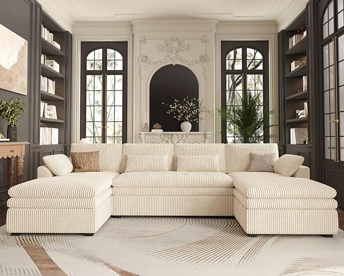 Belffin Large Modular Sectional Sofa with Double Deep Chaise, 135" Corduroy U Shaped Sectional Couch with 9" Soft Dual-Layer 6 Seats U Shaped Couch for Living Room, Apartment, Beige