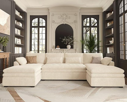 Belffin Large Modular Sectional Sofa with Double Deep Chaise, 135" Corduroy U Shaped Sectional Couch with 9" Soft Dual-Layer 6 Seats U Shaped Couch for Living Room, Apartment, Beige
