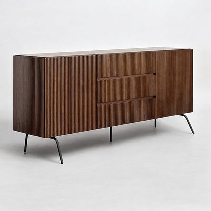 NTC Veil Large Sideboard with 2 Doors and 3 Drawers, Buffet Cabinet with Vertical Groove Design and Metal Legs, Storage Cabinet for Living Room, and Entryway, Effortless Assembly - Dark Walnut