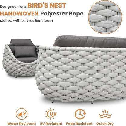 Rope Patio Furniture Set: 4 Pieces Aluminum Outdoor Couch Set Cushioned - Assembled Conversation Sofa Set Modern - Metal Porch Seating for 5 Person - All Weather for Deck Garden Poolside Hotel
