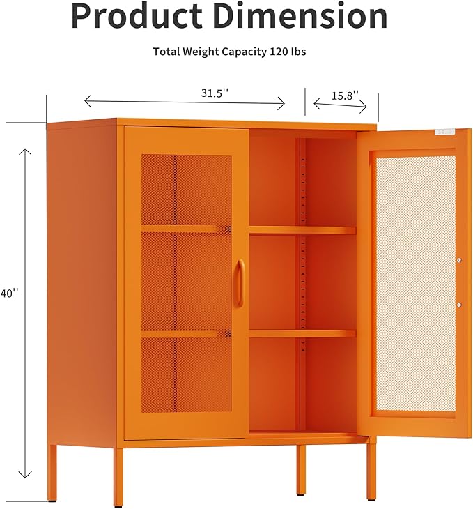 Metal Storage Cabinet with Mesh Doors,Steel Display Cabinet with Adjustable Shelves,Metal Office Storage Locker for Home Office,Garage (Orange, 40''H)