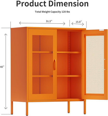 Metal Storage Cabinet with Mesh Doors,Steel Display Cabinet with Adjustable Shelves,Metal Office Storage Locker for Home Office,Garage (Orange, 40''H)