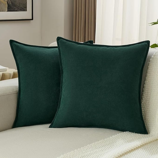 FUTEI Christmas Dark Green Chenille Throw Pillow Covers 24x24 Inch Set of 2,Edges Double-Stitched European Cushion Cases,Modern Home Decor for Couch Living Room