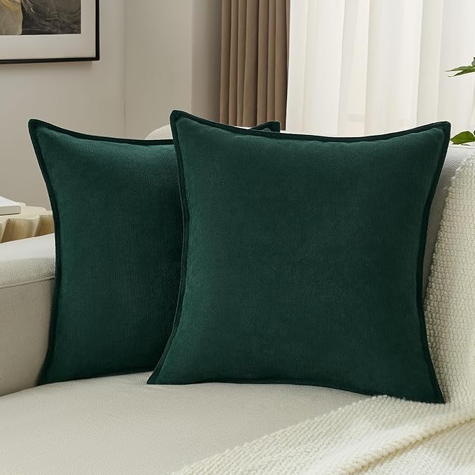 FUTEI Christmas Dark Green Chenille Throw Pillow Covers 16x16 Inch Set of 2,Edges Double-Stitched Cushion Cases,Modern Home Decor for Couch Living Room