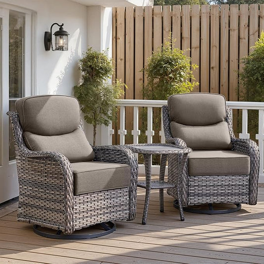 Belord Luxury 6" Thick Cushioned Outdoor Swivel Rocker Patio Chairs with Side Table, 3 Pieces High Back Wicker Furniture Set with Ergonomic Back, Conversation Gliders Set for Deck Porch - Grey+Grey