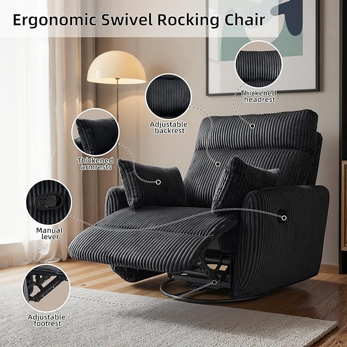 Swivel Recliner Chair for Adults, Corduroy Nursery Glider Rocking Chair, Armchair with 2 Pillows, Comfy High Back Reclining for Small Spaces, Nursery Bedroom Living Room (Corduroy Black, 1 Pack)