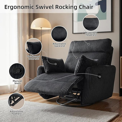 Swivel Recliner Chair for Adults, Corduroy Nursery Glider Rocking Chair, Armchair with 2 Pillows, Comfy High Back Reclining for Small Spaces, Nursery Bedroom Living Room (Corduroy Black, 1 Pack)
