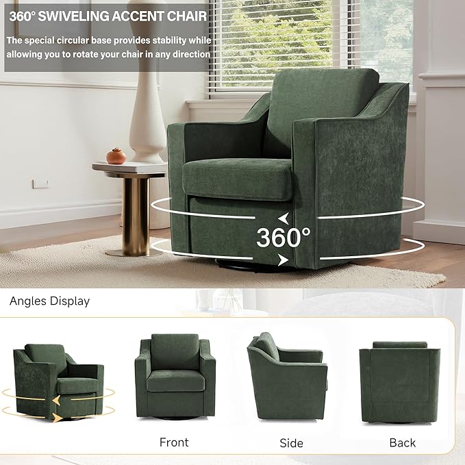 UIXE Swivel Accent Chairs Set of 2, Chenille Upholstered Arm Chair for Living Room, Modern Club Armchair Comfy Single Sofa Bedroom Reading Seat with Lumbar Pillow - Green