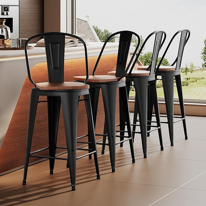 Aklaus Swivel Metal Bar Stools with Backs Counter Stools Set of 4 Counter Height Stools High Back Bar Chairs 24 Inch Barstools Farmhouse Matte Black