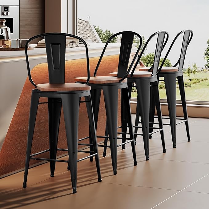 Aklaus Swivel Metal Bar Stools Set of 4 Counter Height Stools Counter Bar Stools with Back Swivel Metal Bar Chairs Wooded Seat 26 Inch Matte Black barstools