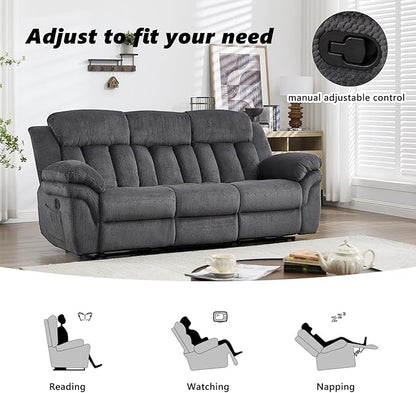 CANMOV Recliner Sofa Set, Manual Reclining Sofa with Overstuffed Armrest for Living Room,Bedroom Furniture,Office,3 Seat Grey