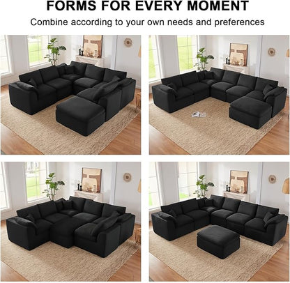 143" Cloud Sectional Couch, Boneless couches for Living Room, 7 Seater Large Modular Sectional Sofa with Deep Seat, Comfy Soft Cushions, No Assembly, Black