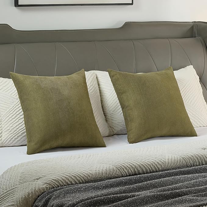 FUTEI Olive Green Chenille Throw Pillow Covers 22x22 Inch Set of 2,Soft Wide Chevron Textured Cushion Case,Farmhouse Home Decor for Couch Bed Living Room
